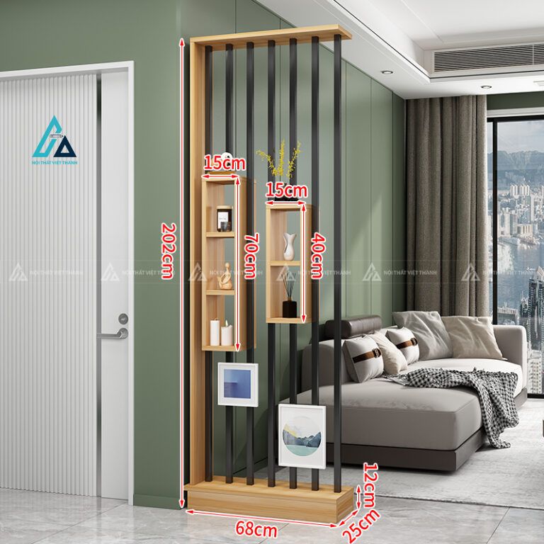 Kệ vách ngăn lam sọc hiện đại tích hợp ô gỗ treo trang trí 3