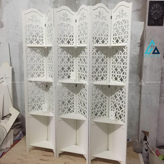 Vách ngăn bình phong di động gấp khúc tích hợp kệ góc trang trí 2