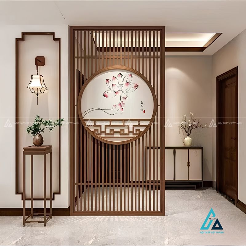 Vách ngăn gỗ khắc họa tiết tranh tròn nghệ thuật phòng khách