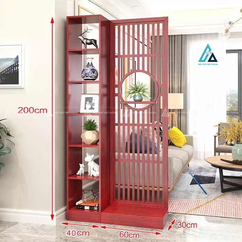 Vách ngăn phòng khách khung tròn nghệ thuật kèm kệ trưng bày đồ 2