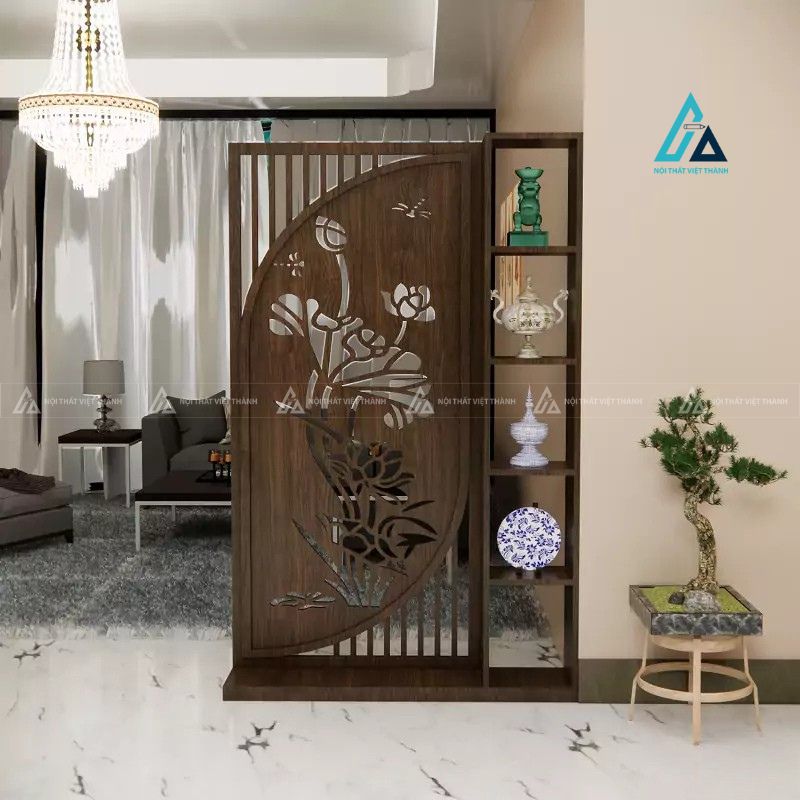 Vách ngăn trang trí họa tiết hoa sen kết hợp kệ trưng bày đa năng 3
