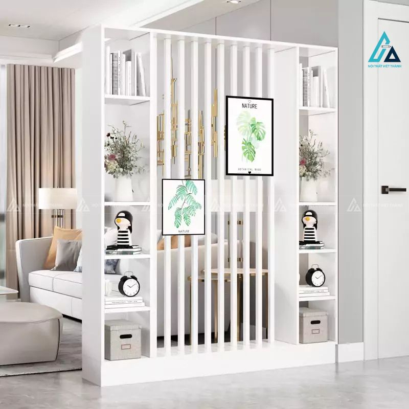 Vách ngăn phòng khách đối xứng tích hợp kệ sách hai bên 2