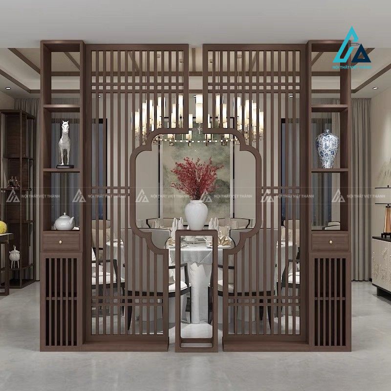 Vách ngăn phòng khách hệ tủ kệ đối xứng khuyết ô giữa nghệ thuật 2