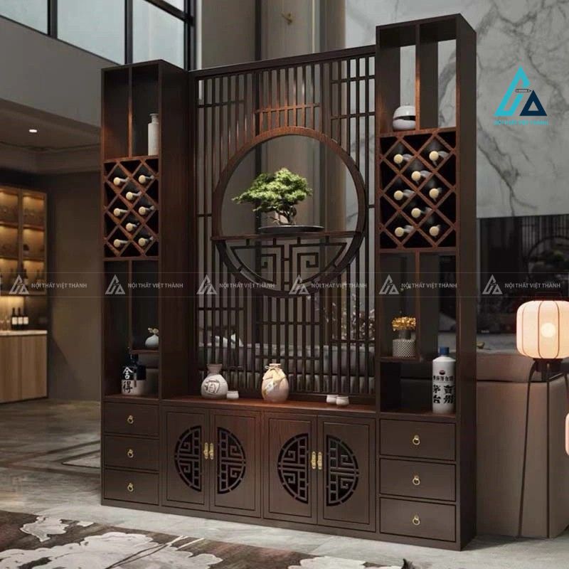 Vách ngăn phòng khách kết hợp tủ kệ trưng bày tranh tròn đối xứng 2
