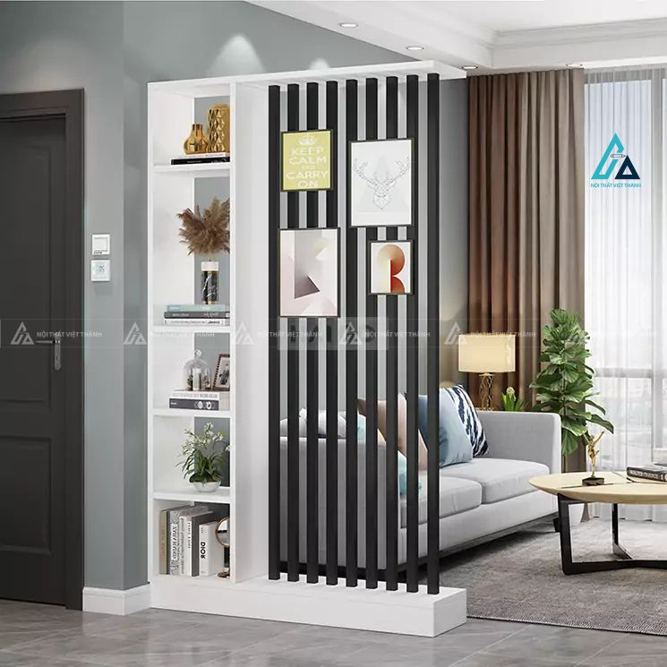 Vách ngăn phòng khách dạng lam sọc kèm kệ sách hiện đại 3