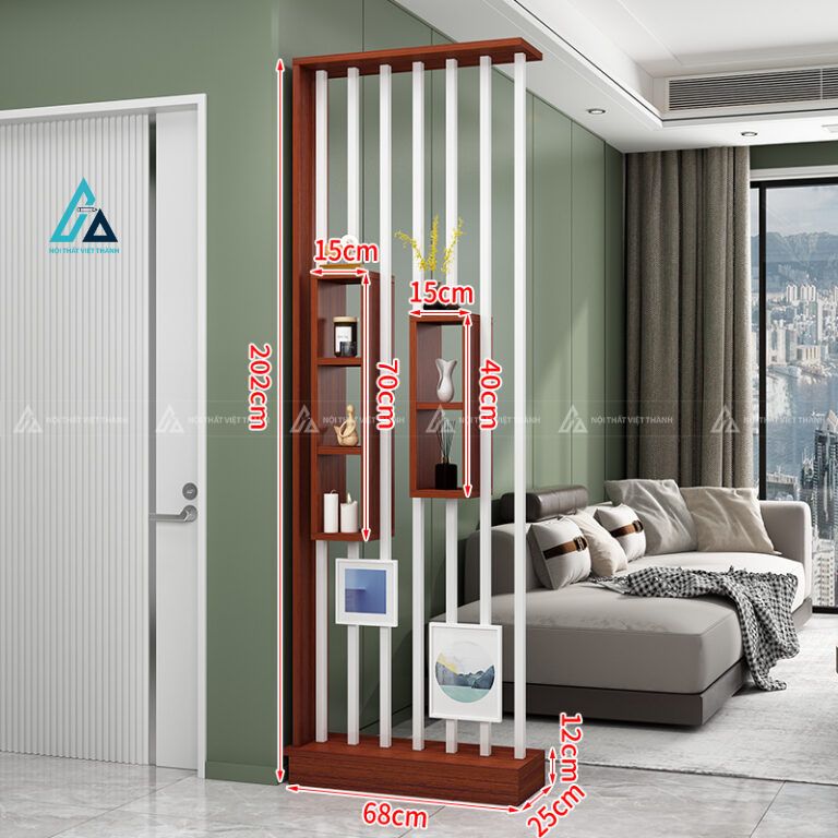 Kệ vách ngăn lam sọc hiện đại tích hợp ô gỗ treo trang trí 4