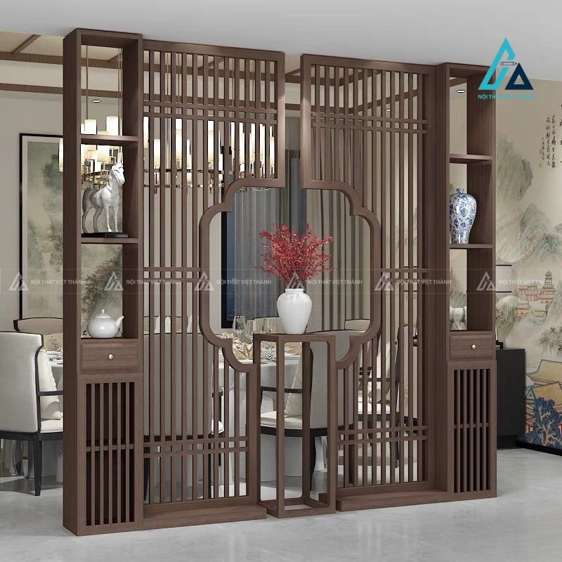 Vách ngăn phòng khách hệ tủ kệ đối xứng khuyết ô giữa nghệ thuật 3