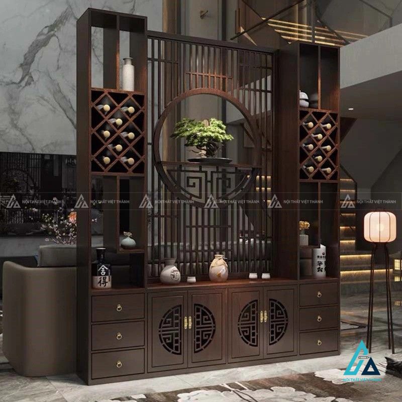 Vách ngăn phòng khách tích hợp kệ tivi hoa văn kỷ hà 3