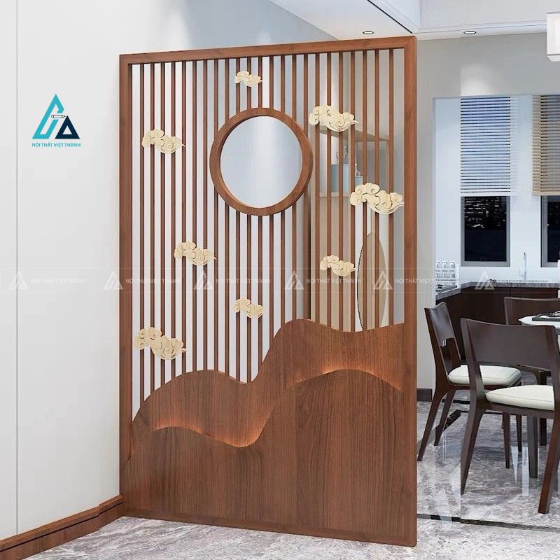 Vách ngăn phòng khách đứng độc lập chạm khắc họa tiết chim và cây trúc 3