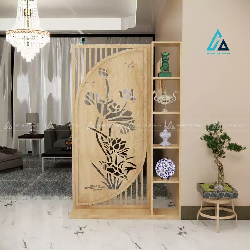Vách ngăn trang trí họa tiết hoa sen kết hợp kệ trưng bày đa năng