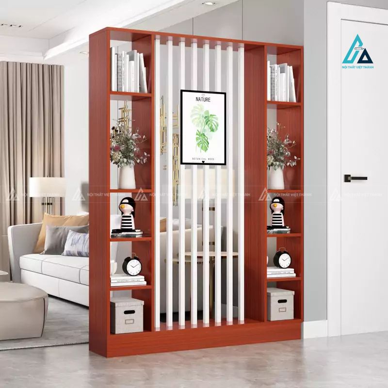 Vách ngăn phòng khách đối xứng tích hợp kệ sách hai bên 3