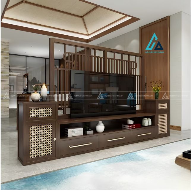 Vách ngăn gỗ kiêm kệ tivi phong cách á đông hiện đại cho phòng khách 3