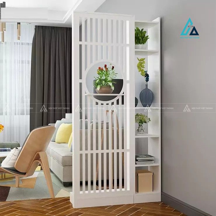 Vách ngăn phòng khách khung tròn nghệ thuật kèm kệ trưng bày đồ