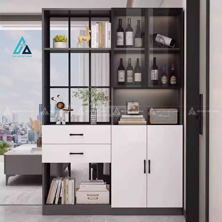 Vách ngăn phòng khách tích hợp tủ rượu và kệ trang trí hiện đại