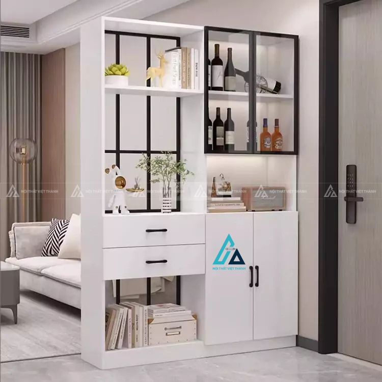 Vách ngăn phòng khách tích hợp tủ rượu và kệ trang trí hiện đại 4