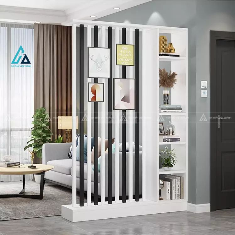 Vách ngăn phòng khách dạng lam sọc kèm kệ sách hiện đại 4