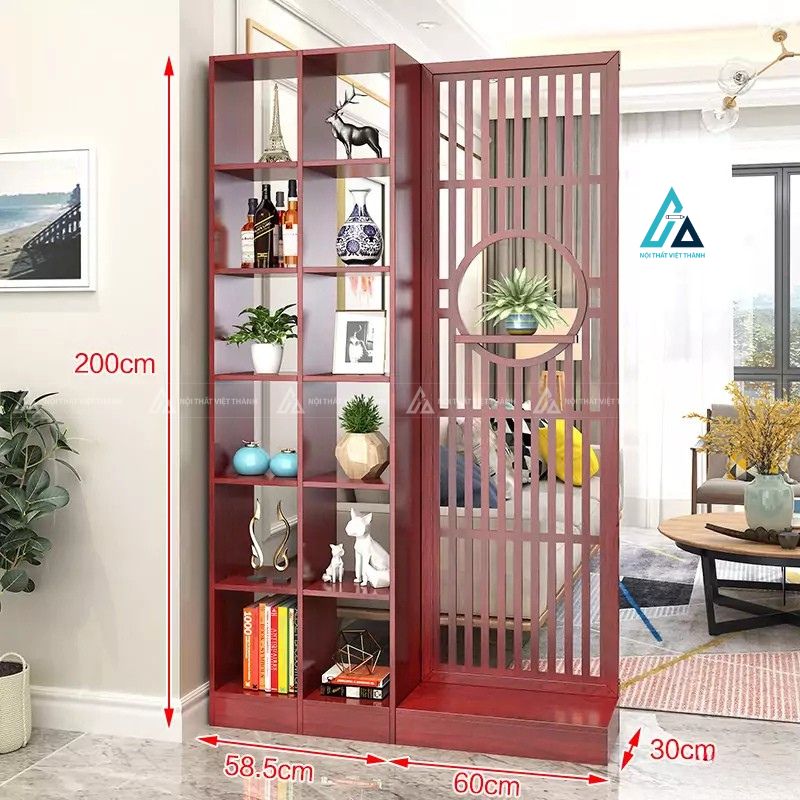 Vách ngăn phòng khách khung tròn nghệ thuật kèm kệ trưng bày đồ 4