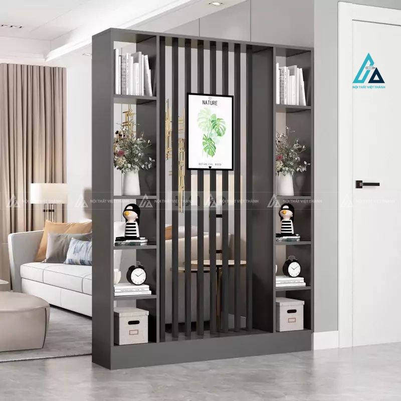 Vách ngăn phòng khách đối xứng tích hợp kệ sách hai bên 4