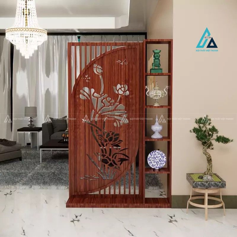 Vách ngăn trang trí họa tiết hoa sen kết hợp kệ trưng bày đa năng 4