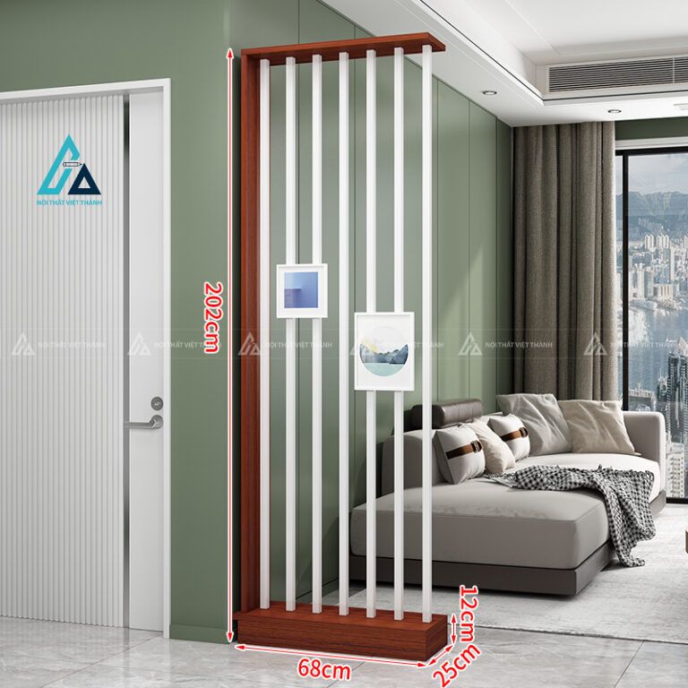 Kệ vách ngăn lam sọc hiện đại tích hợp ô gỗ treo trang trí