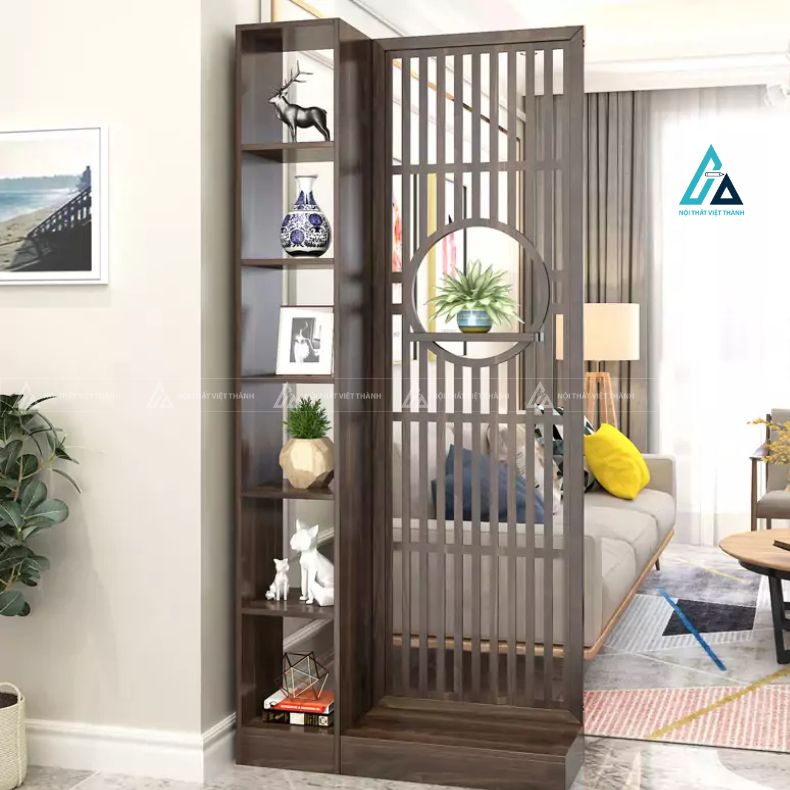 Vách ngăn phòng khách khung tròn nghệ thuật kèm kệ trưng bày đồ 5