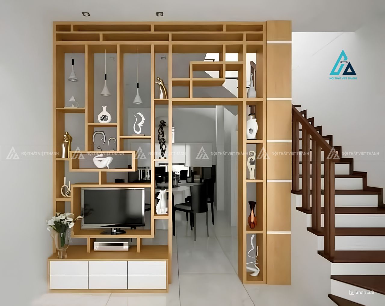 Vách ngăn trang trí phòng khách kết hợp kệ tivi hiện đại