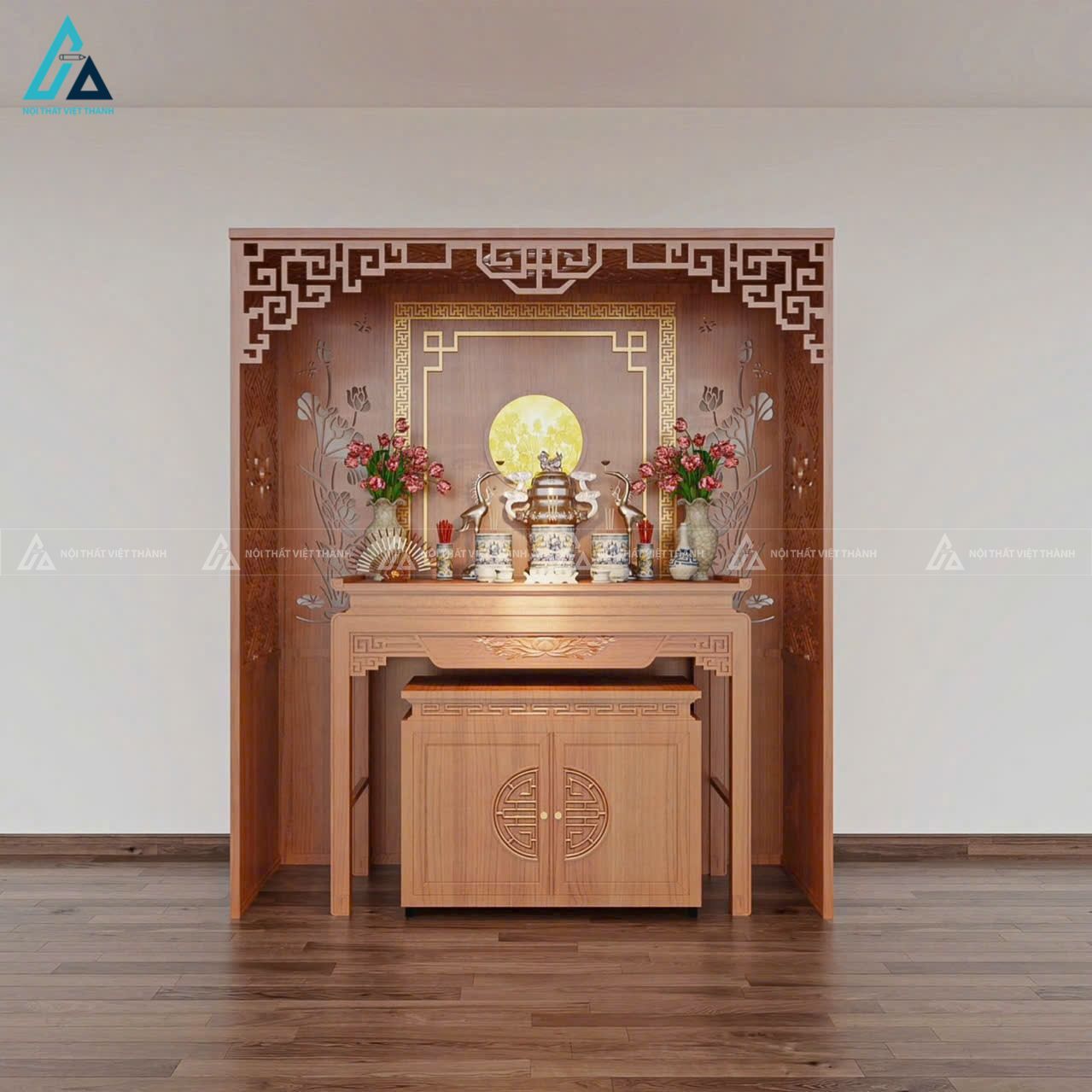 Mẫu nội thất phòng thờ với vách trang trí hoa sen