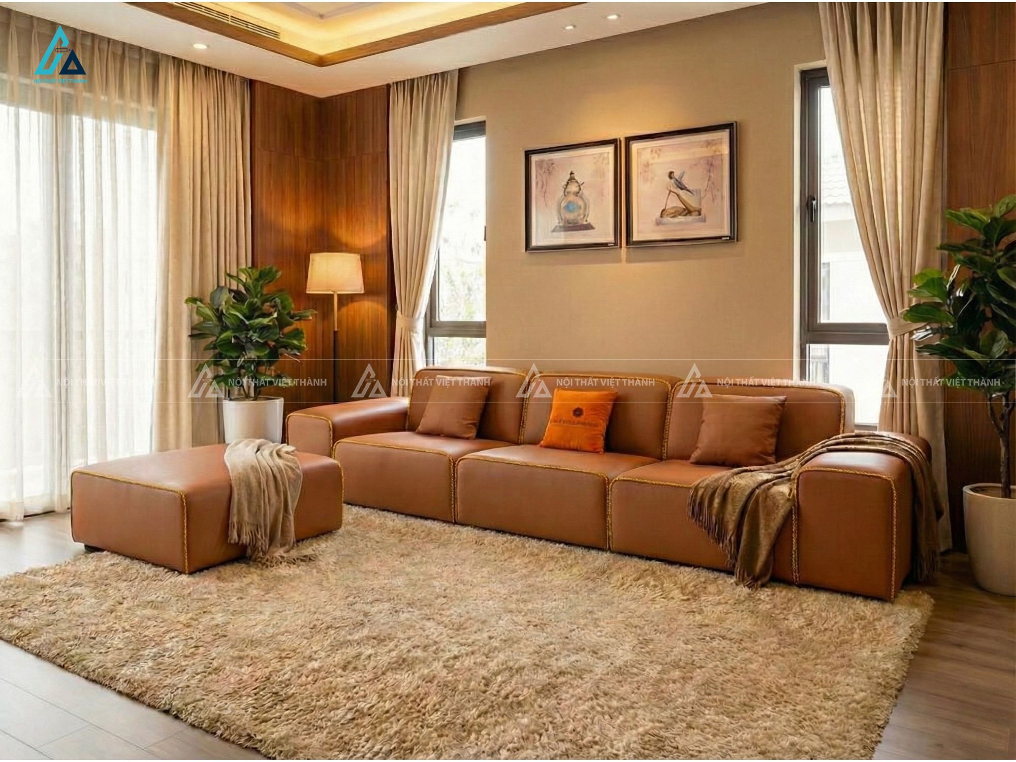 Sofa da hiện đại màu cam đất sang trọng cho phòng khách chung cư 1