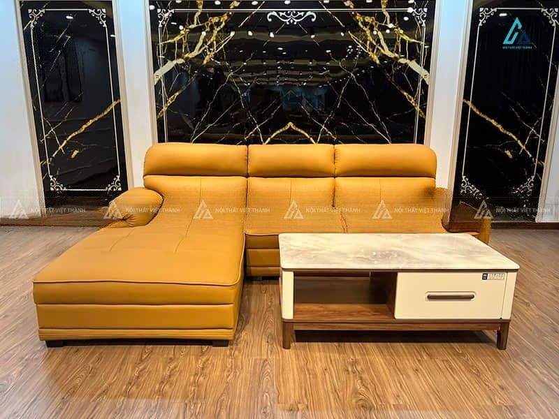 Sofa da góc chữ l thiết kế đệm phồng êm ái tối ưu diện tích