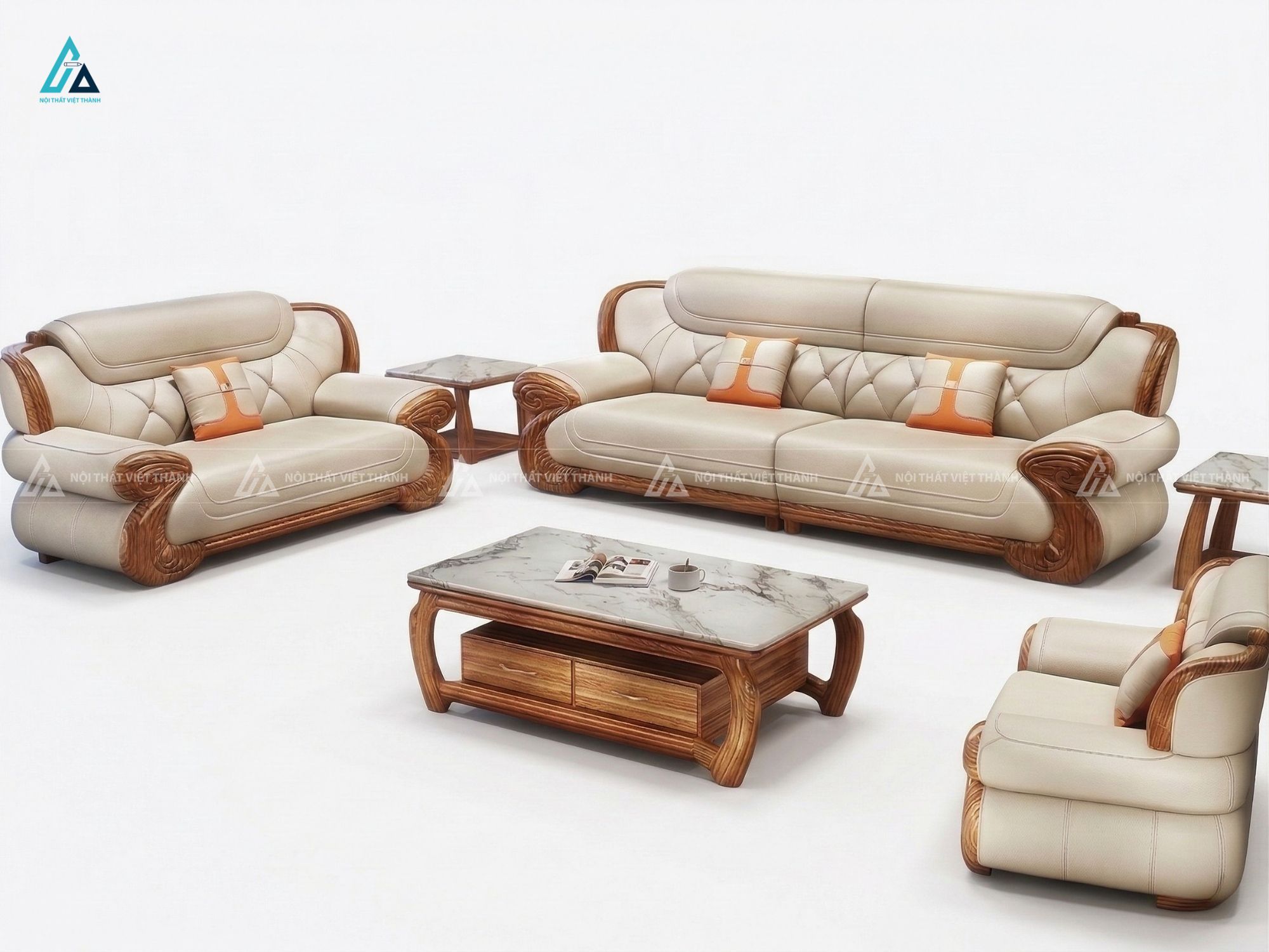 Bộ sofa da khung gỗ cao cấp cho phòng khách sang trọng 1