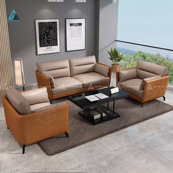 Bộ sofa da hiện đại chân kim loại thiết kế tựa lưng phân tầng