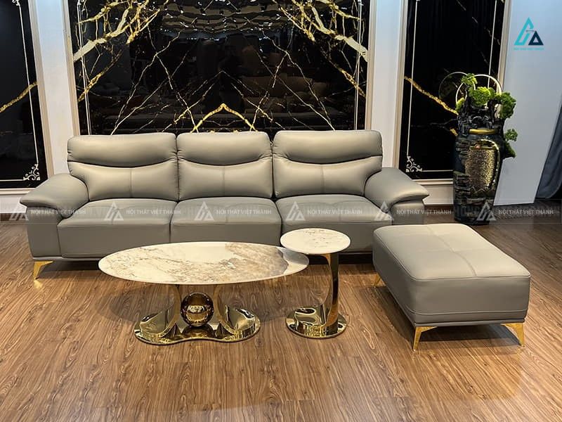 Bộ sofa da 3 chỗ chân mạ vàng sang trọng kèm đôn lớn