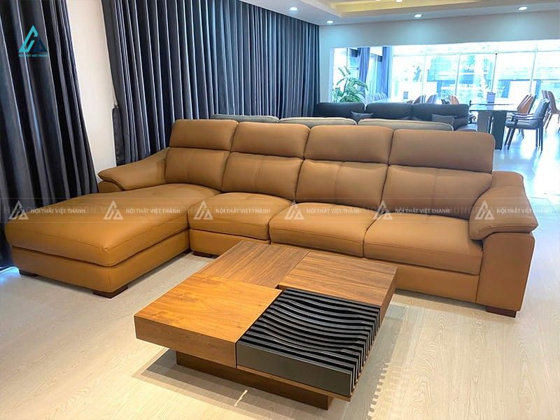 Sofa da góc chữ l màu vàng bò sang trọng cho phòng khách rộng