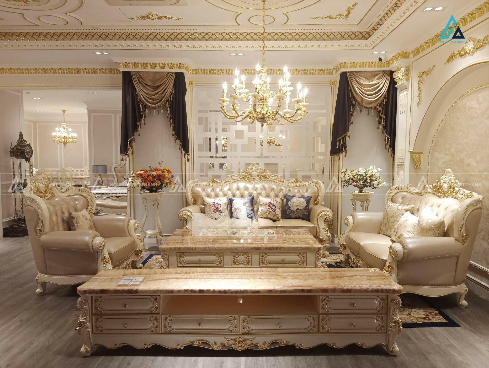 Bộ sofa da tân cổ điển kiểu dáng thanh lịch cho phòng khách