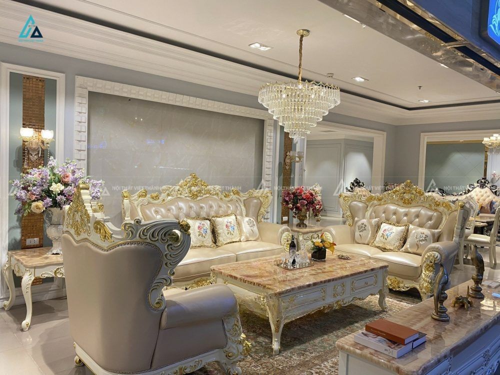 Bộ sofa da tân cổ điển dát vàng sang trọng cho biệt thự