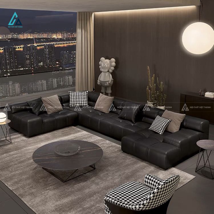 Bộ sofa da góc chữ u thiết kế rút múi hiện đại đẳng cấp