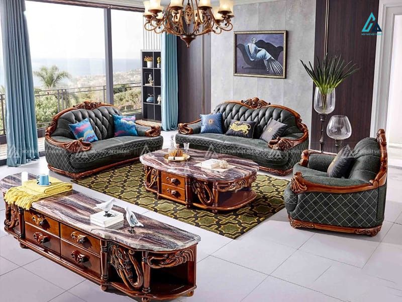 Bộ sofa da tân cổ điển chạm khắc gỗ tự nhiên sang trọng