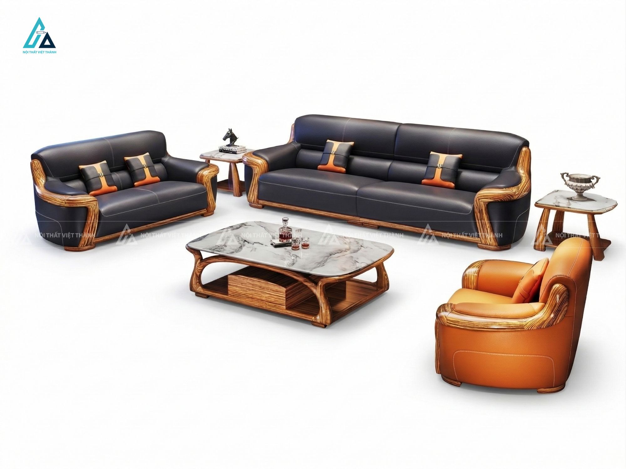 Bộ sofa da khung gỗ tự nhiên chạm khắc sang trọng bề thế 1