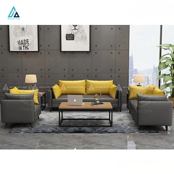 Bộ sofa da hiện đại chân kim loại phối gối tựa cá tính 2