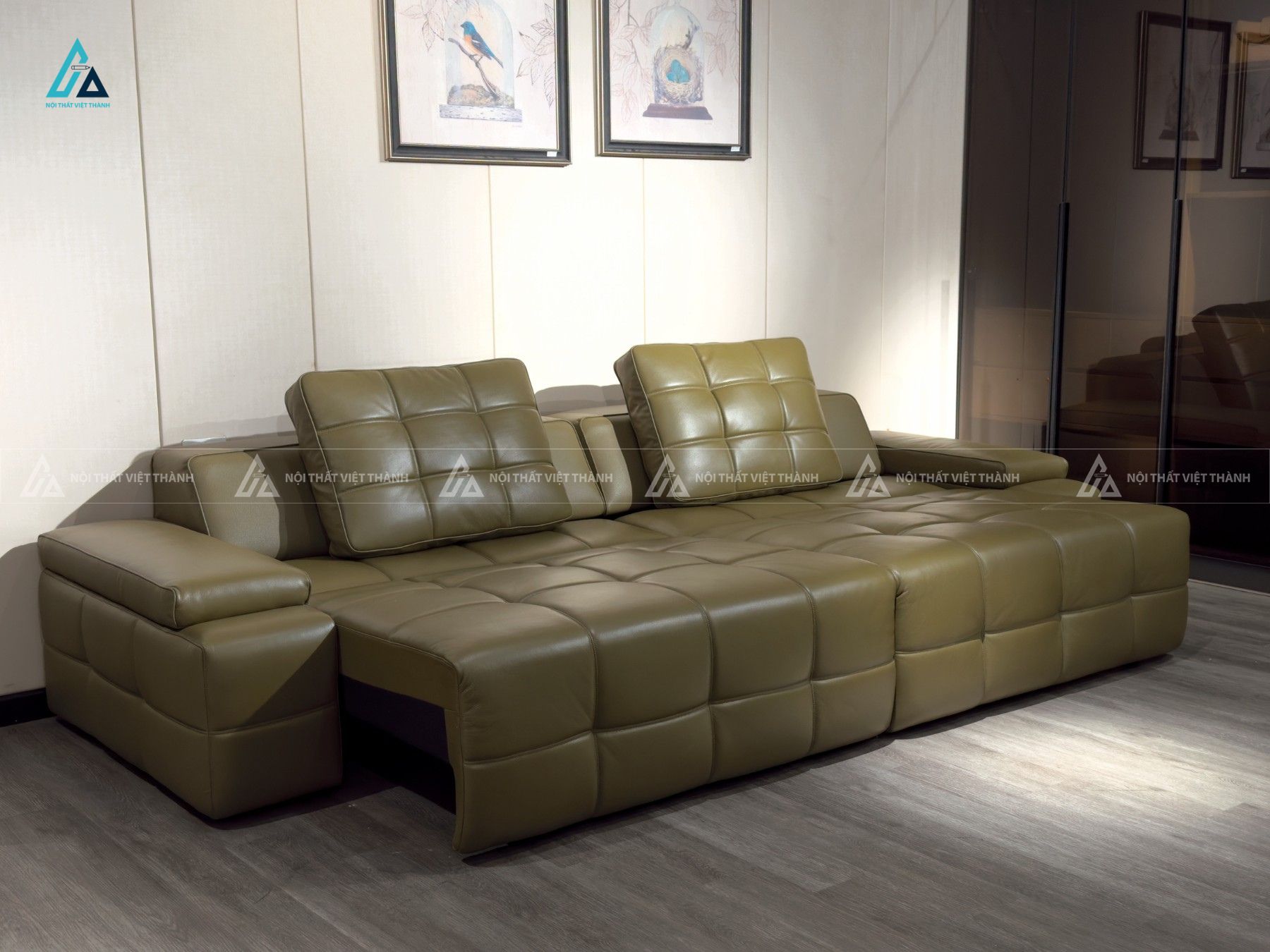 Sofa da hiện đại thiết kế phao bập bềnh màu xanh rêu độc đáo