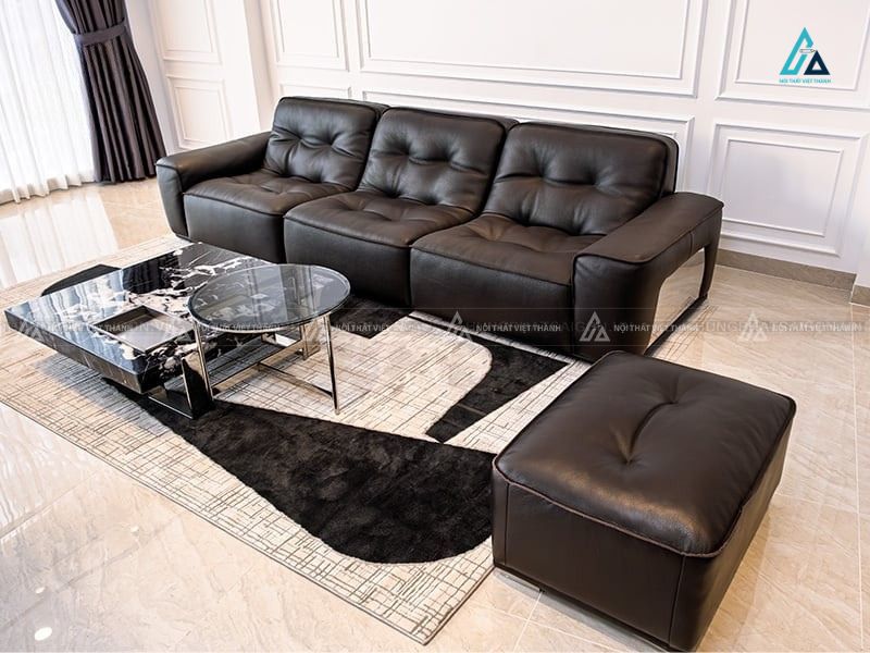 Bộ sofa da văng 3 chỗ màu đen sang trọng kèm đôn cho biệt thự