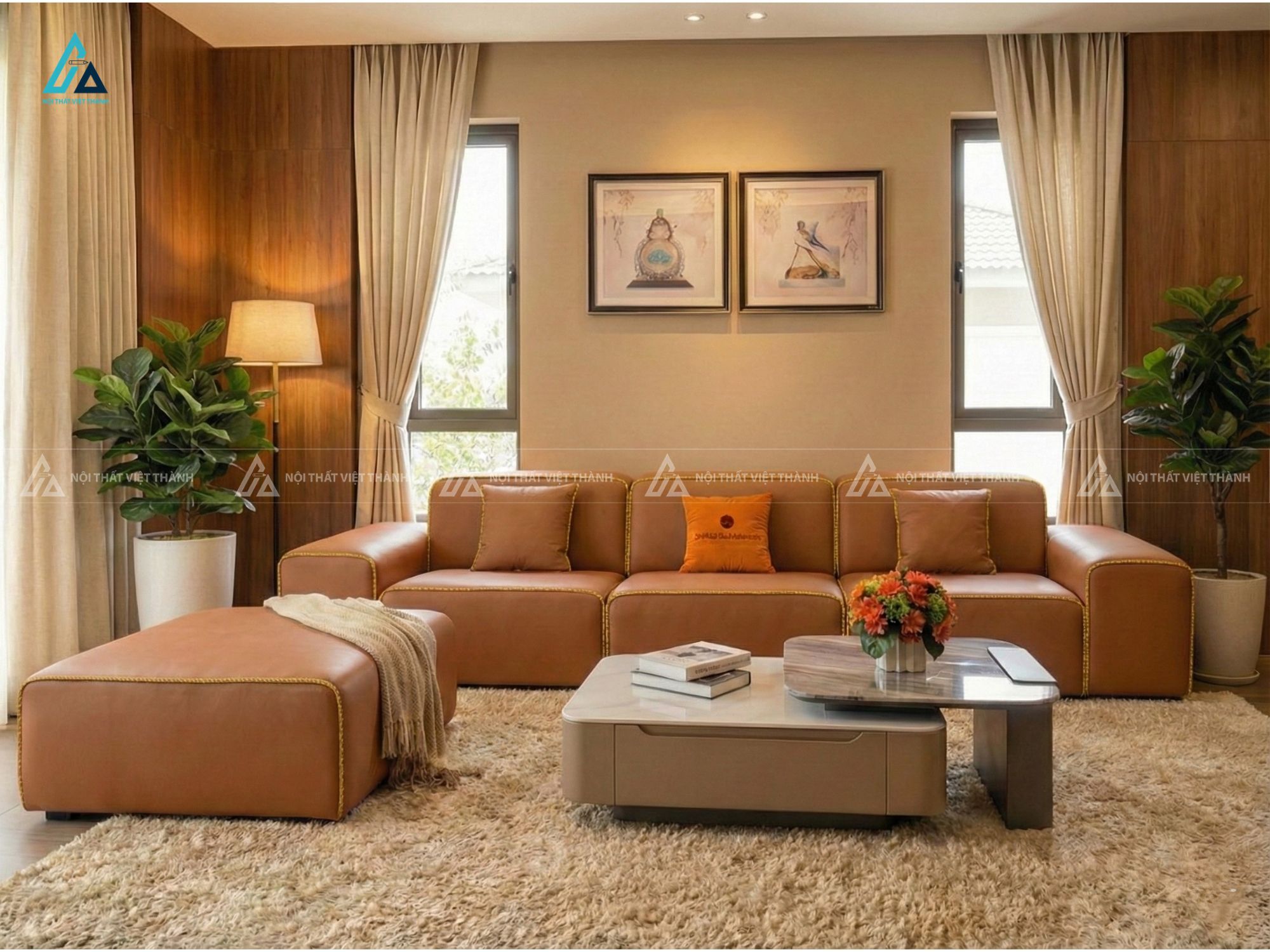 Sofa da hiện đại màu cam đất sang trọng cho phòng khách chung cư