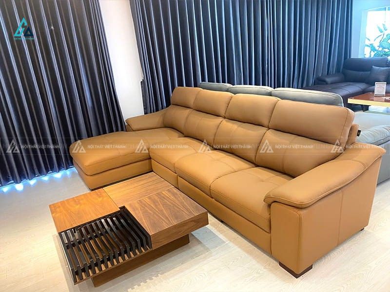 Sofa da góc chữ l màu vàng bò sang trọng cho phòng khách rộng 1