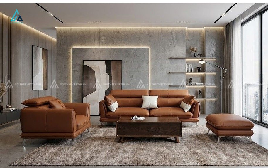 Sofa băng da cao cấp chân kim loại thiết kế hiện đại sang trọng
