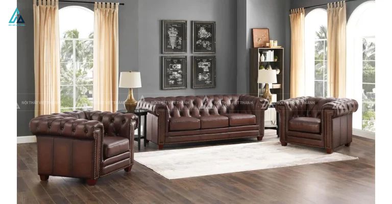 Sofa băng tân cổ điển bọc da cao cấp sang trọng
