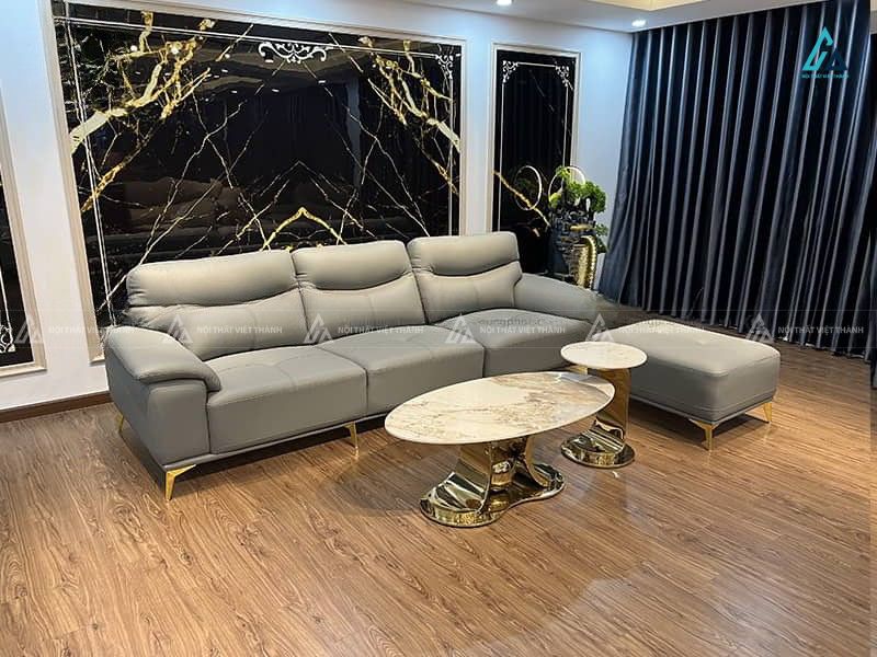 Bộ sofa da 3 chỗ chân mạ vàng sang trọng kèm đôn lớn 1