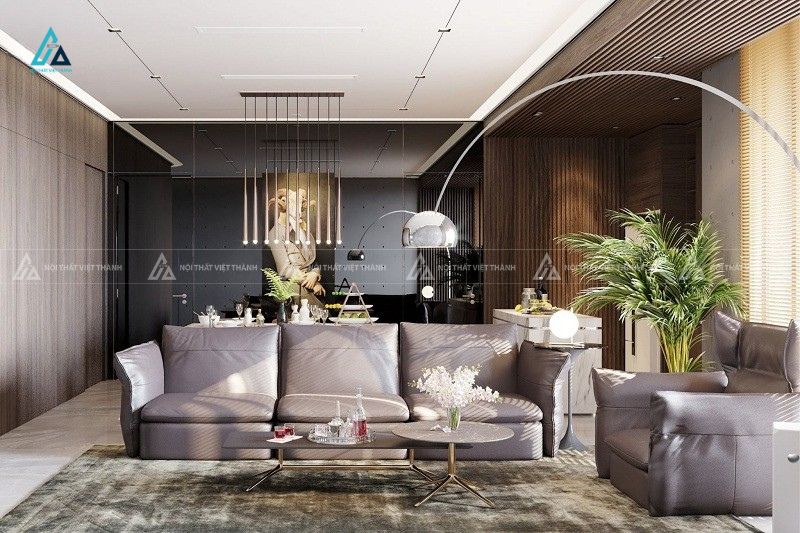 Sofa băng da cao cấp chân kim loại thiết kế hiện đại màu nâu