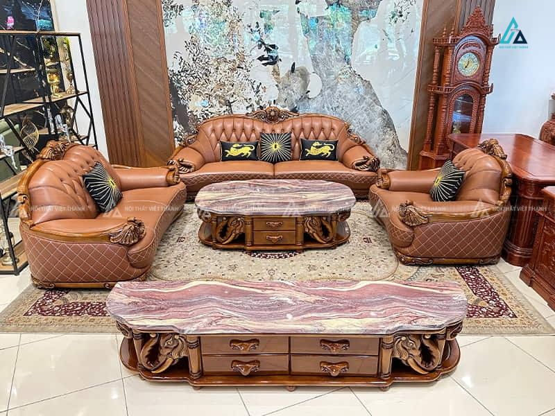 Bộ sofa da tân cổ điển chạm khắc gỗ tự nhiên sang trọng 2