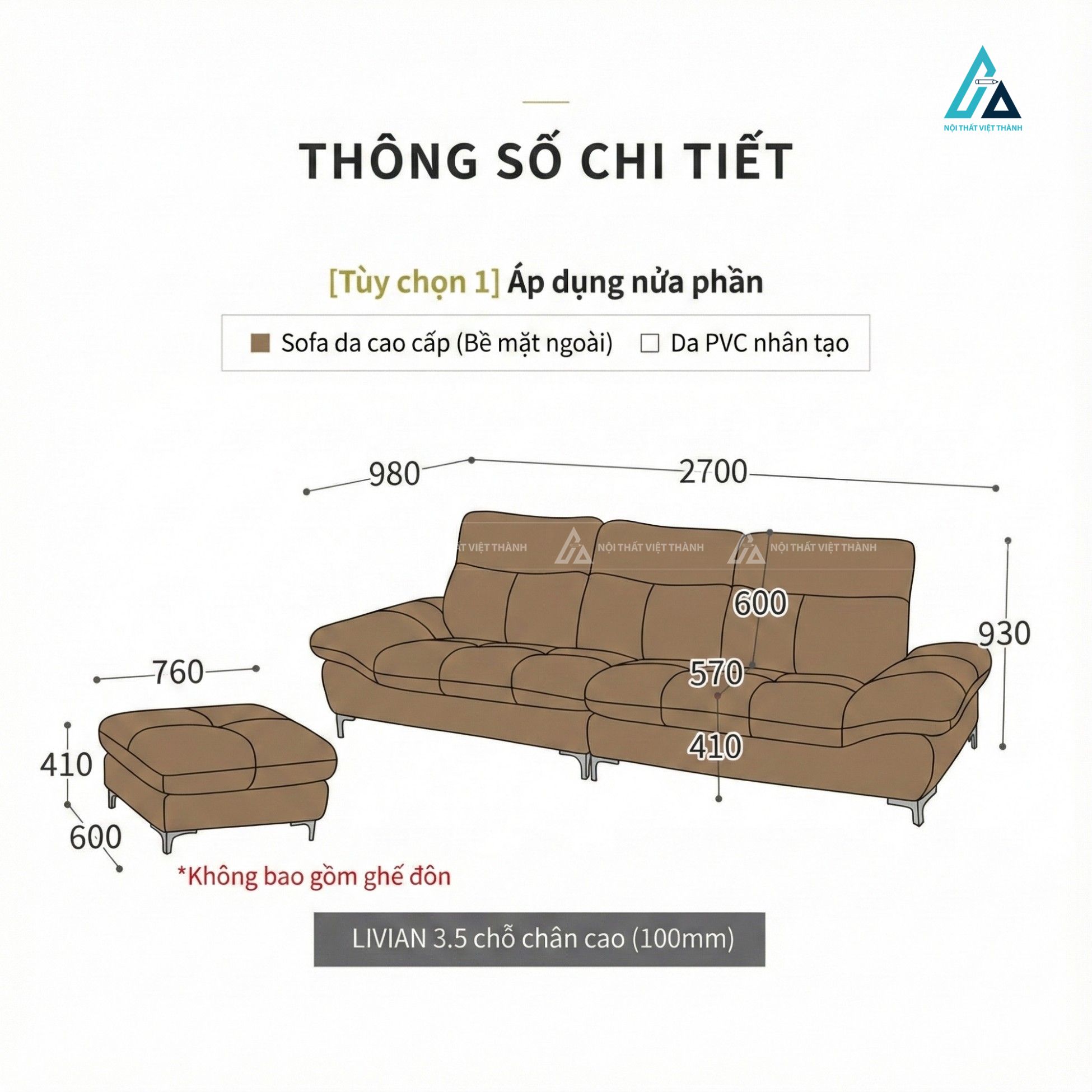 Sofa da hiện đại chân kim loại thanh lịch cho phòng khách 3