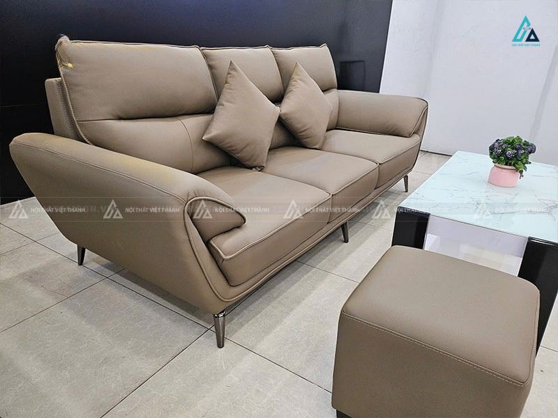 Bộ sofa da văng 3 chỗ kèm đôn màu nâu cà phê sang trọng